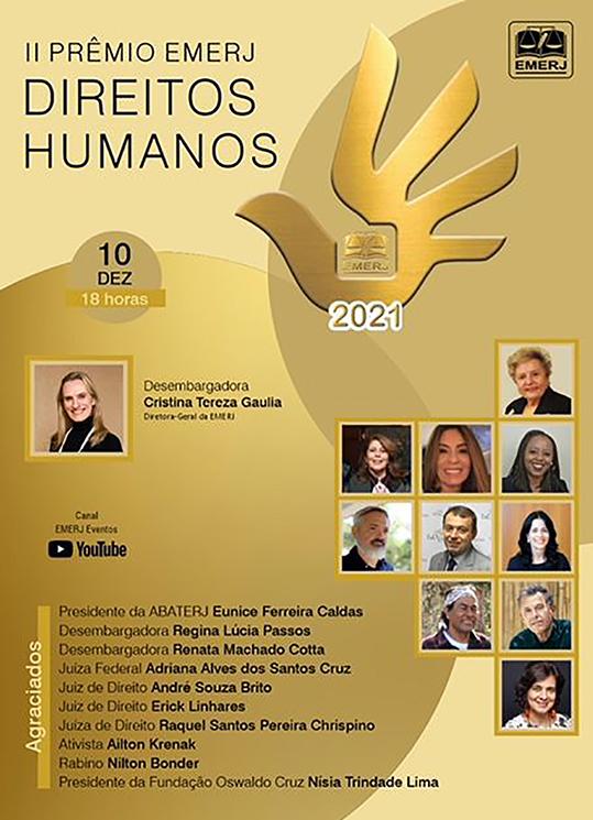 Logo do II Prêmio EMERJ Direitos Humanos. Fundo dourado, uma mão estilizada com o símbolo da emerj no meio e também as fotos e nomes dos homenageados