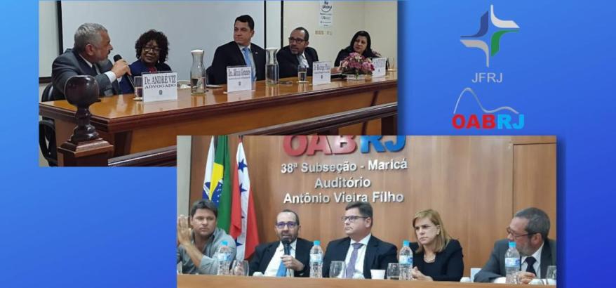 Acima mesa formada por autoridades em Campo Grande (homens e mulheres), Abaixo, mesa formada por autoridades em Maricá (homens e mulheres)