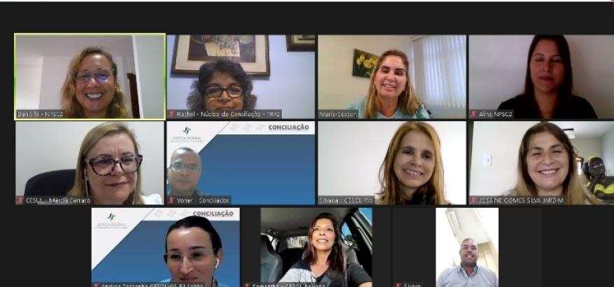 Imagem da tela da reunião, com participantes sorrindo. Abaixo, o seguinte título: "TRF2 dá início ao planejamento estratégico para ações de conciliação em 2023"  "