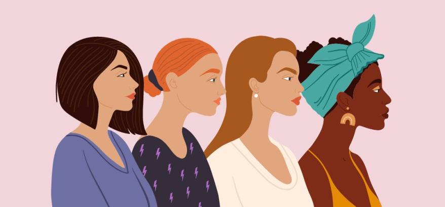 ilustração de quatro mulheres de perfil lado a lado 