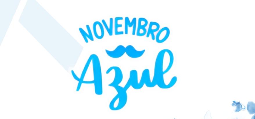 novembro azul escrito em azul, bigode em azul, fundo branco