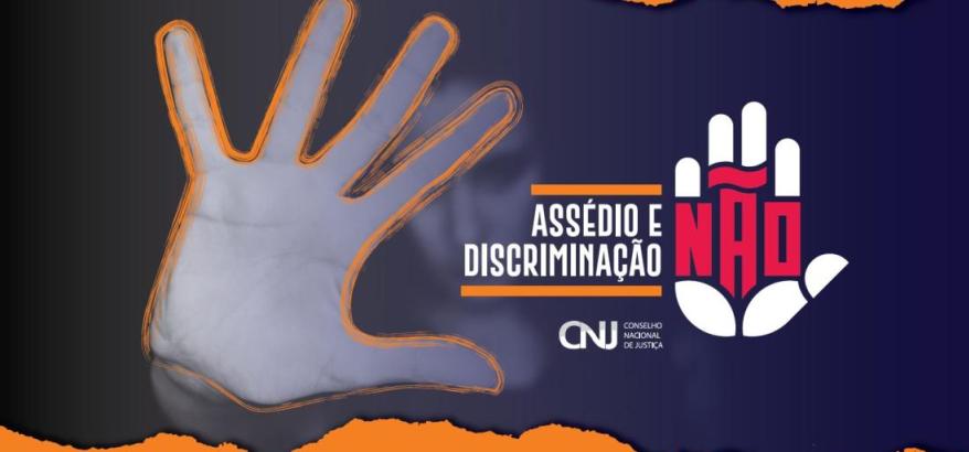 Detalhe do cartaz do evento. Abaixo, o seguinte título: "Tribunais se preparam para semana de combate ao assédio e à discriminação"
