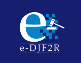 Marca e-DJF2R, com letra "e" em branco sobre fundo azul escuro